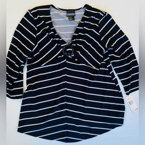 Macys Woman Barranda Gathered Round Clip Black White Striped Blouse Size L